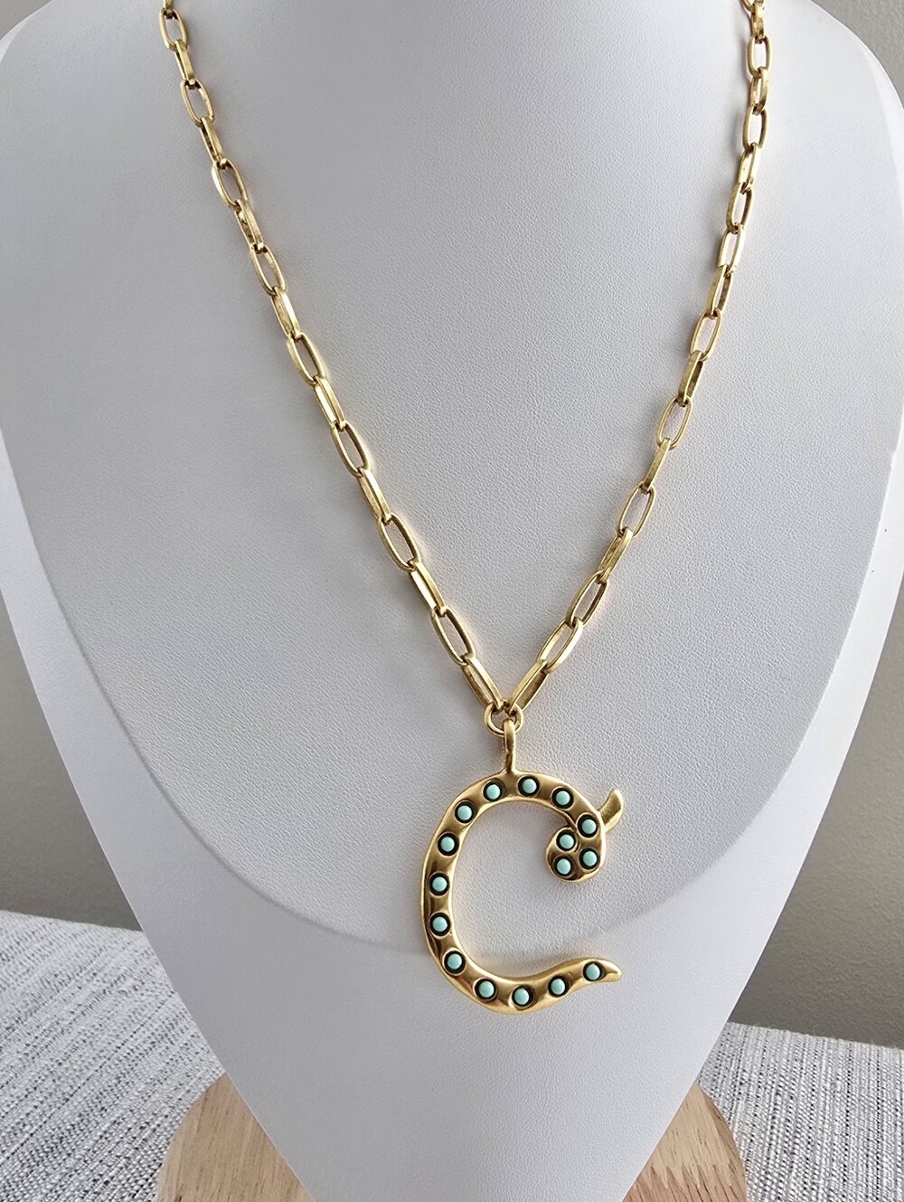 18k Gold Plated Initial C Pendant Necklace with Natural Turquoise Accents